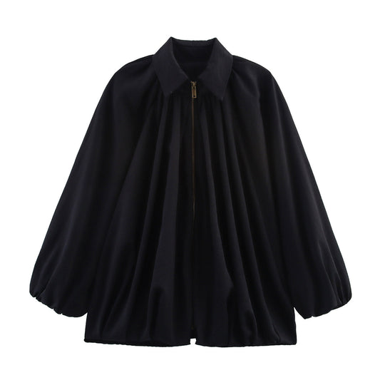Damen Weite plissierte Cape-Übergangsjacke mit Reißverschluss und ballonförmigem Saum Shop Nory