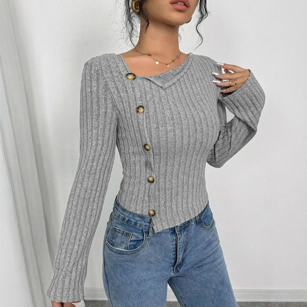 Damen asymmetrisches geripptes Strick-Top mit seitlicher Knopfleiste ausgestellten Ärmeln und taillierter Passform Shop Nory