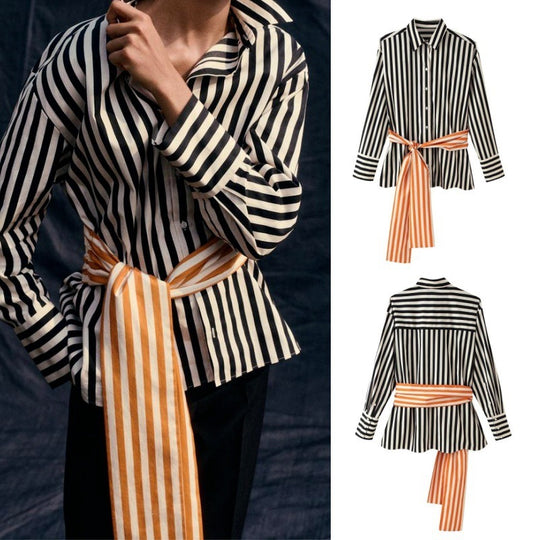 Damen Gestreifte Hemdbluse mit langen Ärmeln und kontrastierendem Taillengürtel Shop Nory