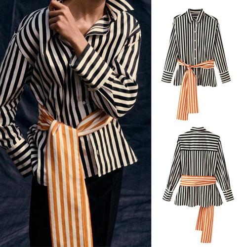 Damen Gestreifte Hemdbluse mit langen Ärmeln und kontrastierendem Taillengürtel Shop Nory