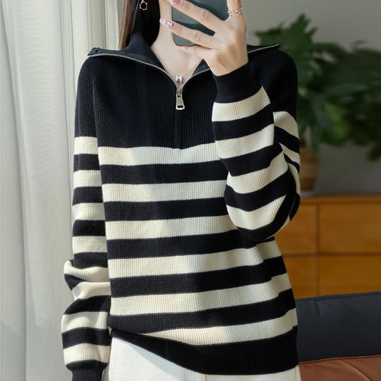 Damen Maritimer Troyer-Pullover aus feinem Rippstrick mit breiten Querstreifen Shop Nory