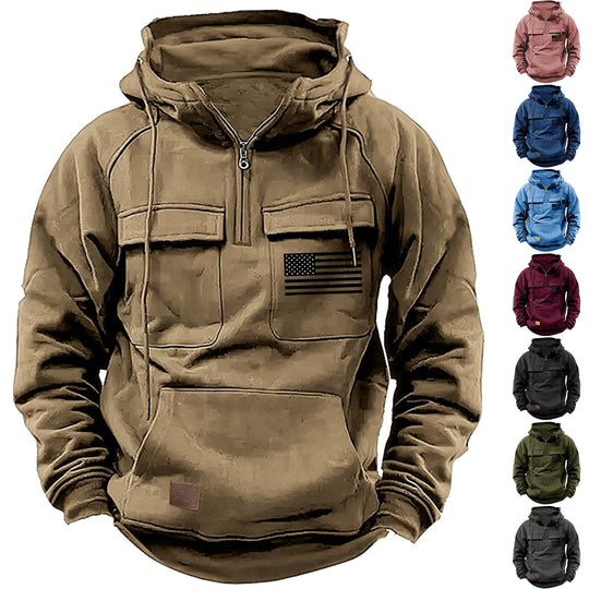 Herren nan urbaner Kapuzenpullover mit taktischen Brusttaschen und halbem Reißverschluss Shop Nory
