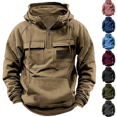 Herren nan urbaner Kapuzenpullover mit taktischen Brusttaschen und halbem Reißverschluss Shop Nory