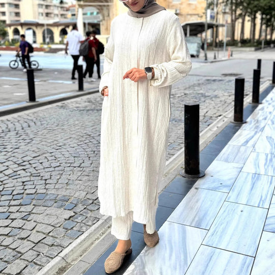 Damen Langes Crinkle-Kaftankleid mit Ballonärmeln und Stehkragenoptik Shop Nory