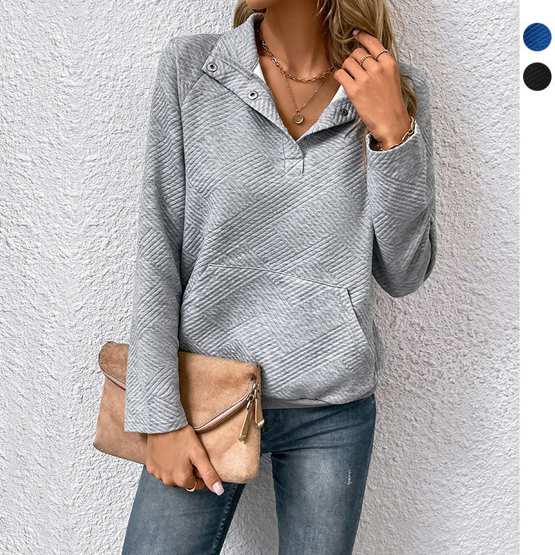 Damen Steppstrukturiertes Sweatshirt mit Druckknopfkragen, V‑Ausschnitt und Kängurutasche Shop Nory