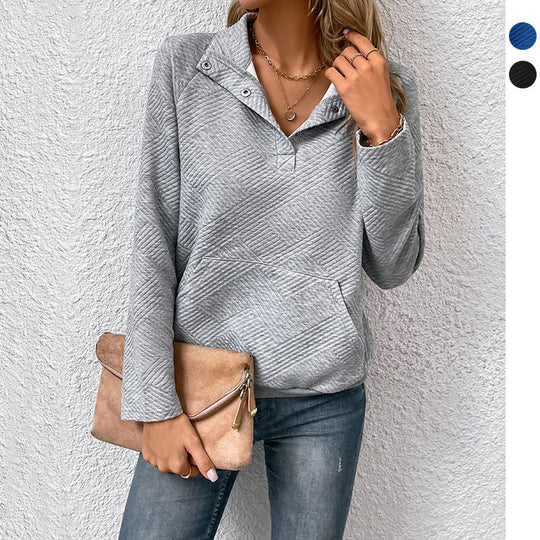 Damen Steppstrukturiertes Sweatshirt mit Druckknopfkragen, V‑Ausschnitt und Kängurutasche Shop Nory