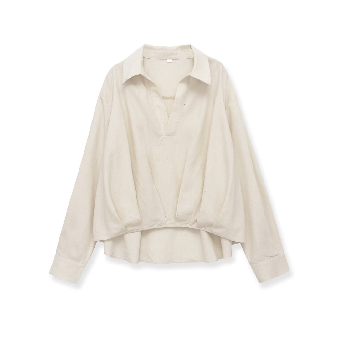 Damen Oversize-Leinenbluse mit offenem V‑Ausschnitt und gerafftem Saum Shop Nory