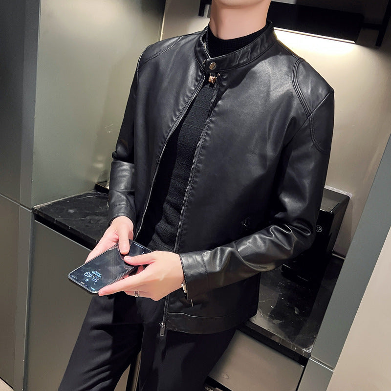 Herren schlanker Kunstlederblouson Motorrad-inspiriertes Design mit kurzem Stehkragen und verdecktem Reißverschluss Shop Nory