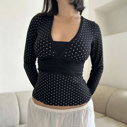 Damen nan taillierte Wickelbluse mit Polka‑Dot Muster, tiefem V‑Ausschnitt und breitem Taillenband Shop Nory