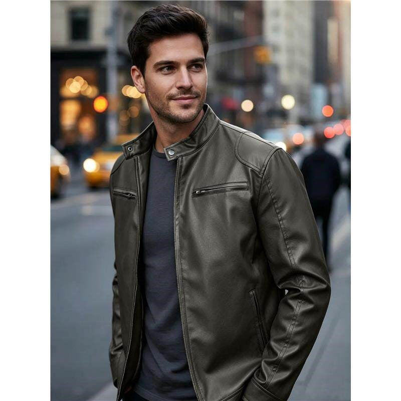 Herren Biker‑Style Kunstlederjacke mit Stehkragen und Reißverschlusstaschen Shop Nory