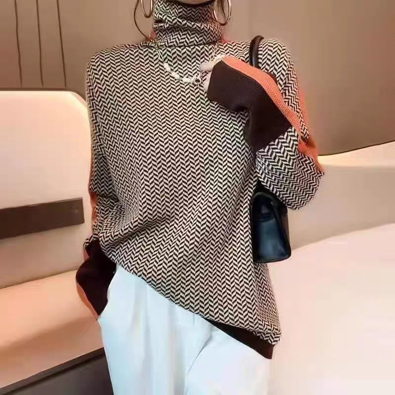 Damen Hochwertiger Rollkragenpullover mit Chevron-Muster