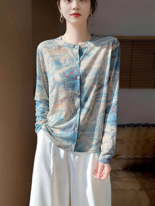 Damen Leichter Aquarell‑Print Feinstrick‑Cardigan mit Rundhalsausschnitt und Knopfleiste Shop Nory