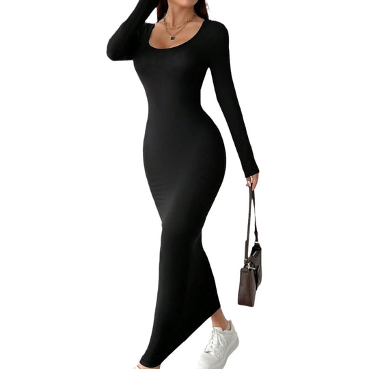 Damen figurbetontes langärmeliges Maxikleid mit tiefem Rundhalsausschnitt formendem Stretch-Jersey und knöchellanger Silhouette Shop Nory