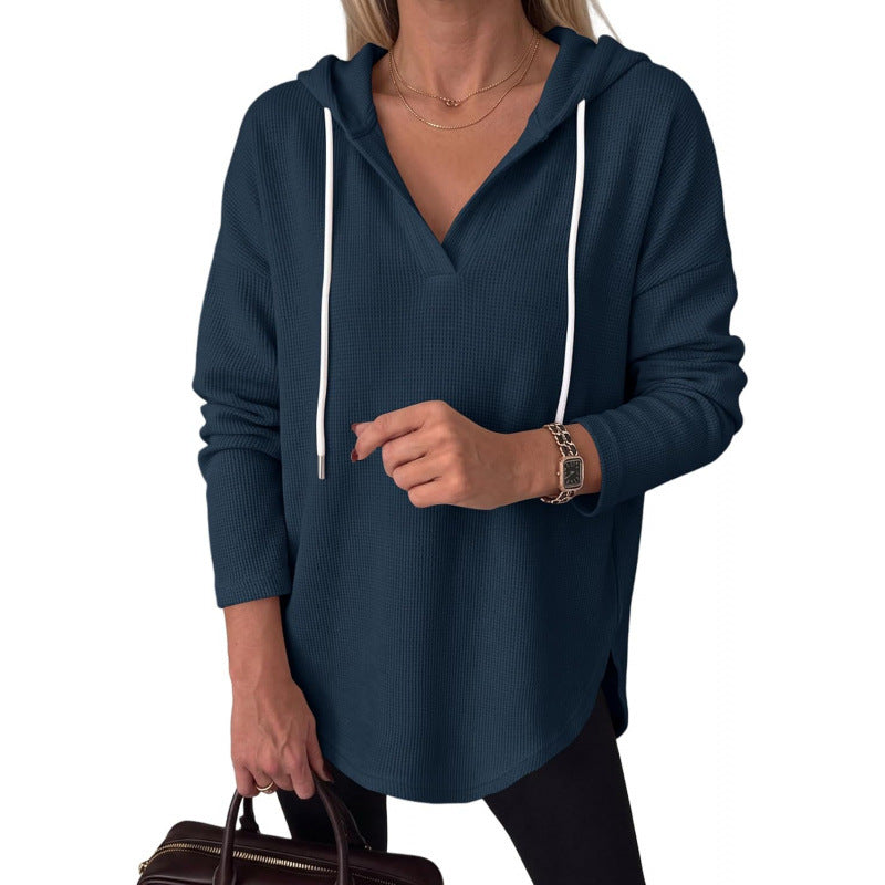 Damen Waffelstrick-Kapuzenpullover mit V-Ausschnitt, Oversize-Schnitt und Seitenschlitzen Shop Nory