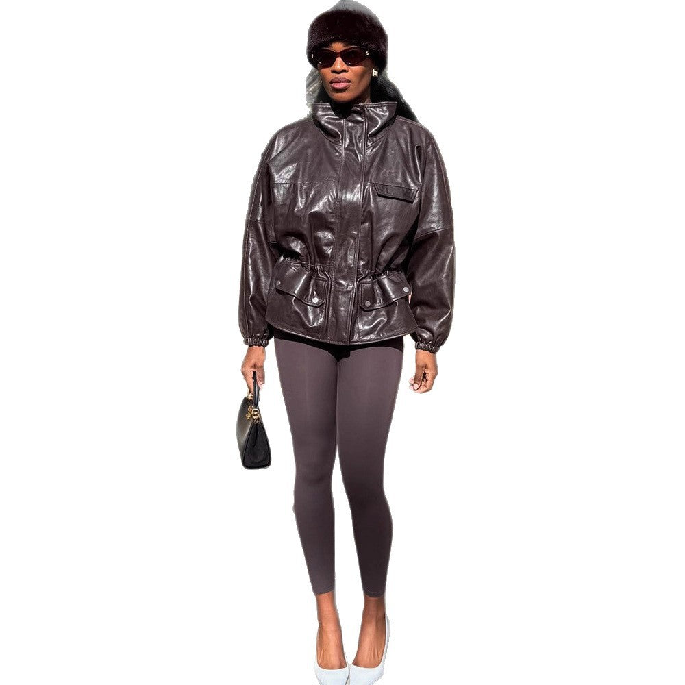 Damen Oversize Lederimitat-Blouson mit hohem Stehkragen und Taillenzug Shop Nory