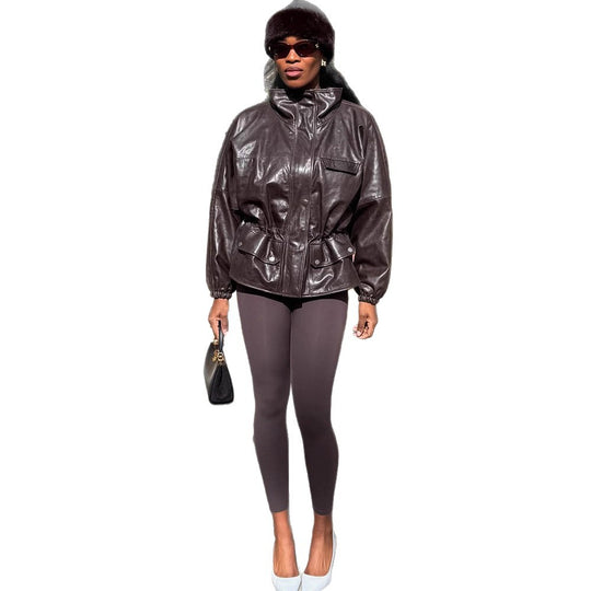 Damen Oversize Lederimitat-Blouson mit hohem Stehkragen und Taillenzug Shop Nory