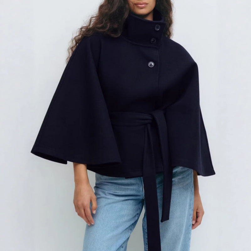 Damen Wollmantel im Cape‑Stil mit Stehkragen und Taillengürtel Shop Nory