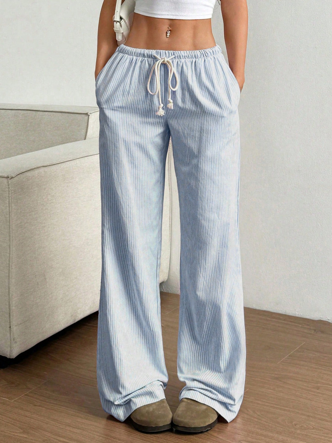 Damen Weite Leinenoptik-Hose mit Gummibund, Tunnelzug und Seitentaschen Shop Nory