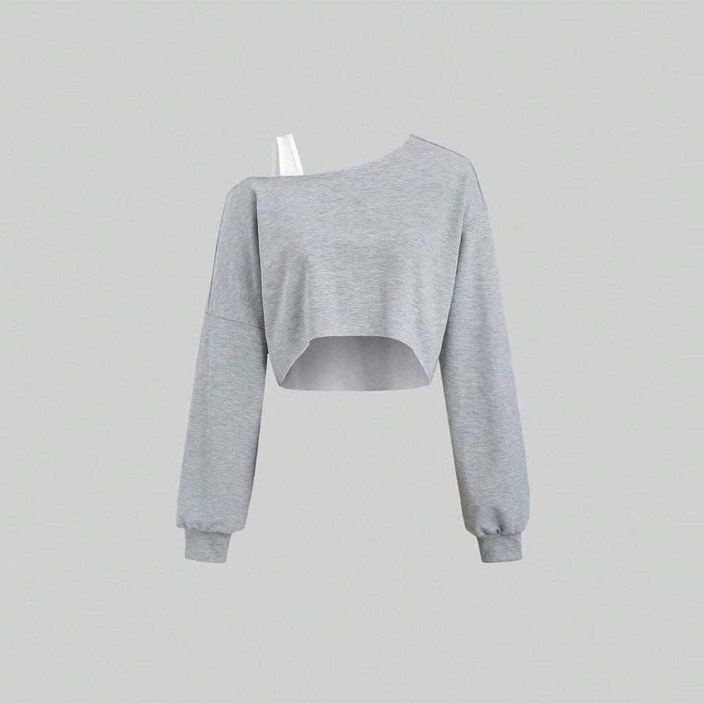 Damen cropped Off-Shoulder Sweatshirt mit einseitigem Träger, Ballonärmeln und Rippbündchen Shop Nory