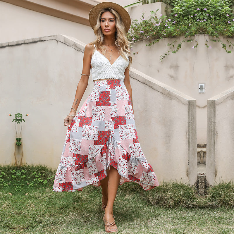 Damen Patchwork-Midirock mit Knopfleiste und asymmetrischem Volant Shop Nory