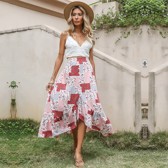 Damen Patchwork-Midirock mit Knopfleiste und asymmetrischem Volant Shop Nory