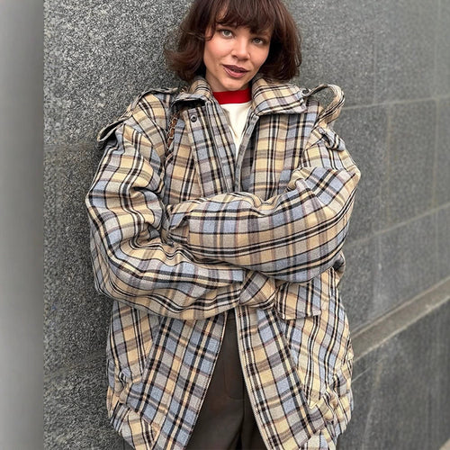 Damen Oversize-Karomantel im Boxy‑Schnitt mit Reißverschluss und Schulterklappen Shop Nory