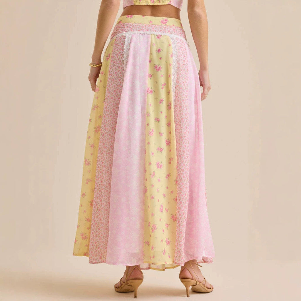 Damen nan romantisches Crop-Top mit Spaghettiträgern und gestuftem Patchwork-Maxirock Shopnory
