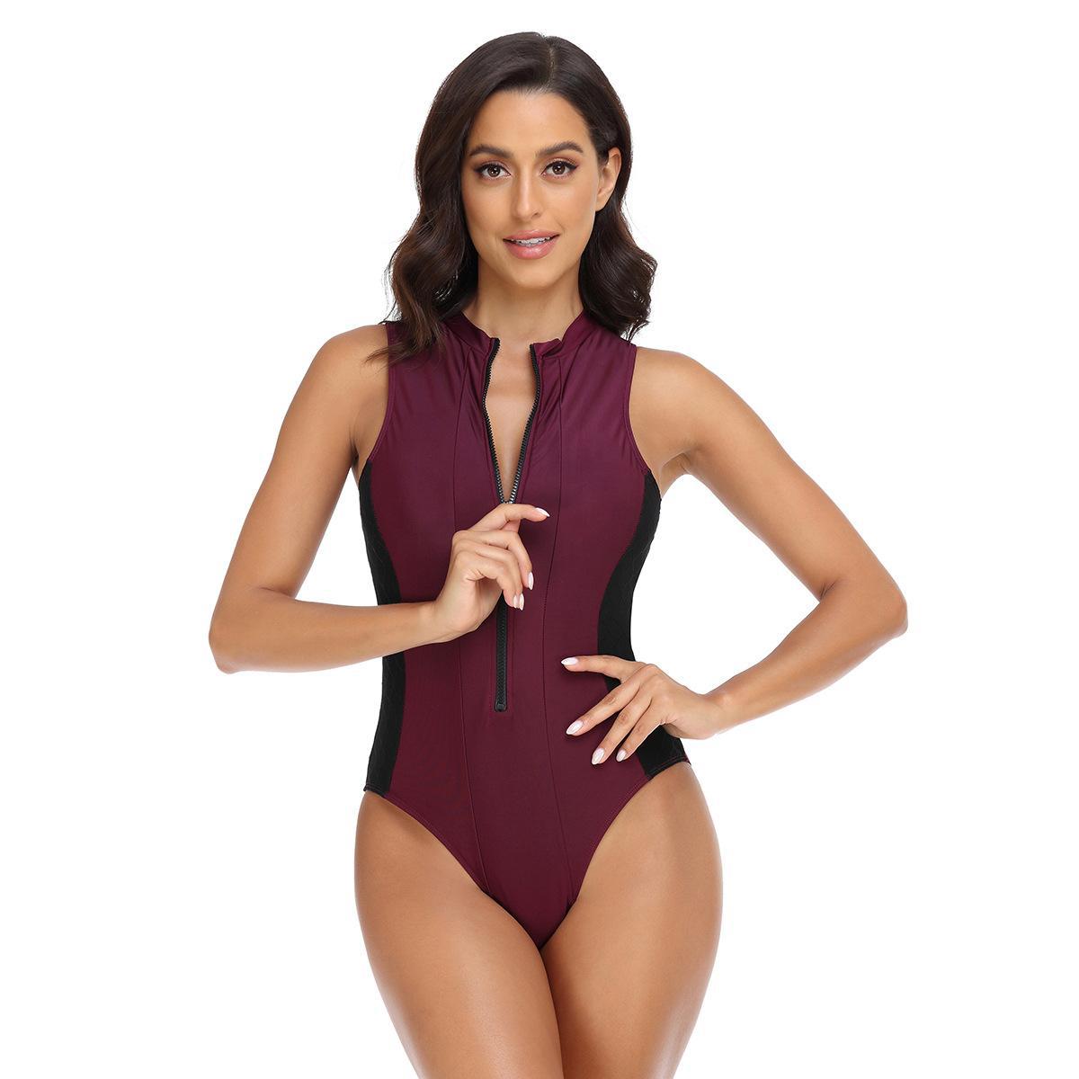 Damen Sportlicher Einteiler Badeanzug mit elegantem Reißverschluss Shopnory