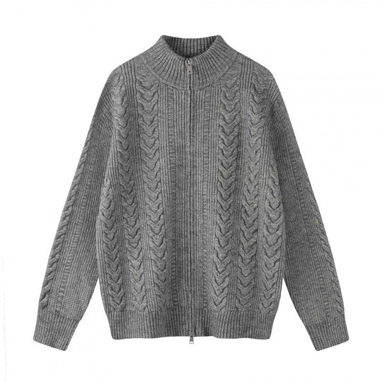 Damen Grobgestrickter Zopfstrick-Cardigan mit durchgehendem Reißverschluss und Stehkragen Shop Nory