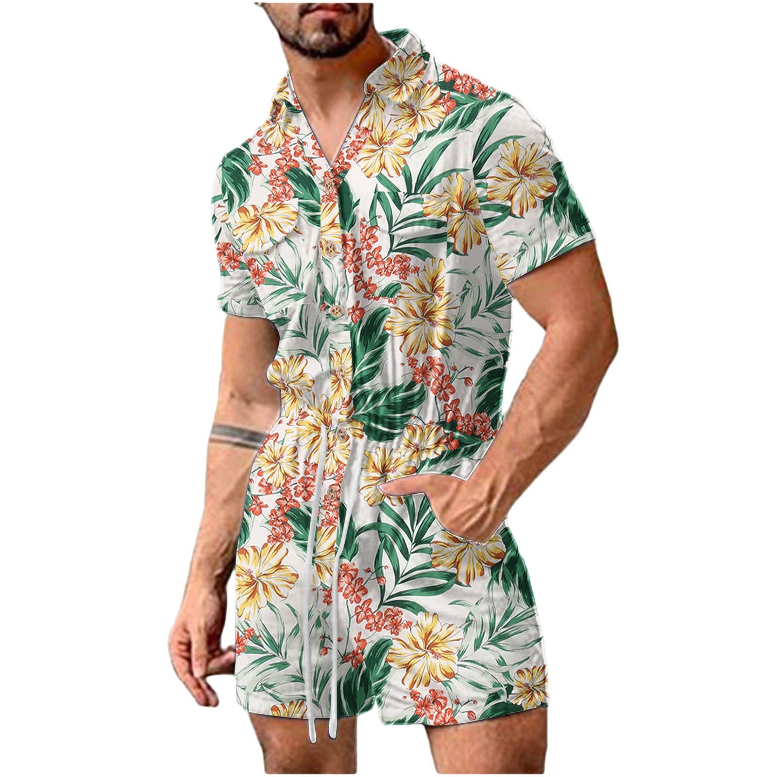 Herren Kurzoverall mit lShopnoryhaftem Blumenmuster Shopnory