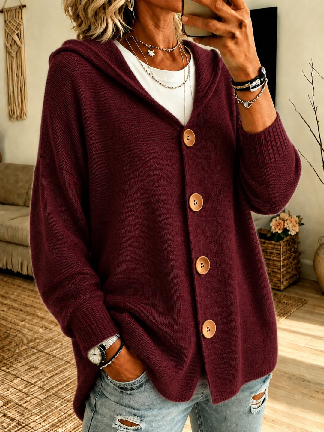 Damen Kapuzen-Cardigan Oversize mit Holzknöpfen und Rippbündchen Shop Nory