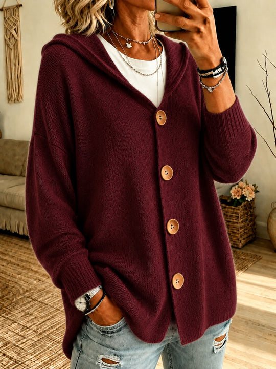 Damen Kapuzen-Cardigan Oversize mit Holzknöpfen und Rippbündchen Shop Nory