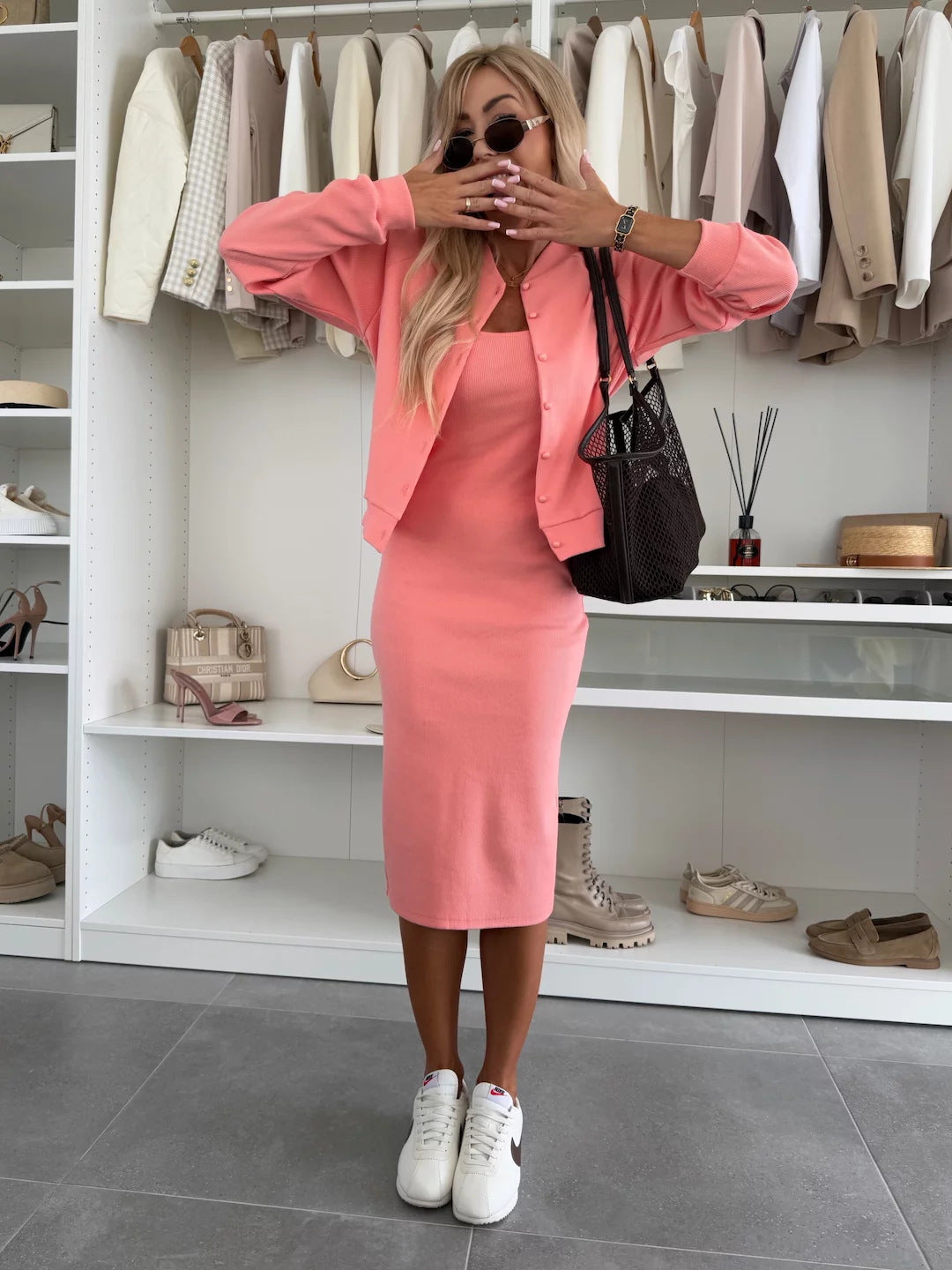 Damen figurbetontes Strick-Midikleid mit passender Kurzjacke und Rundhalsausschnitt Shop Nory
