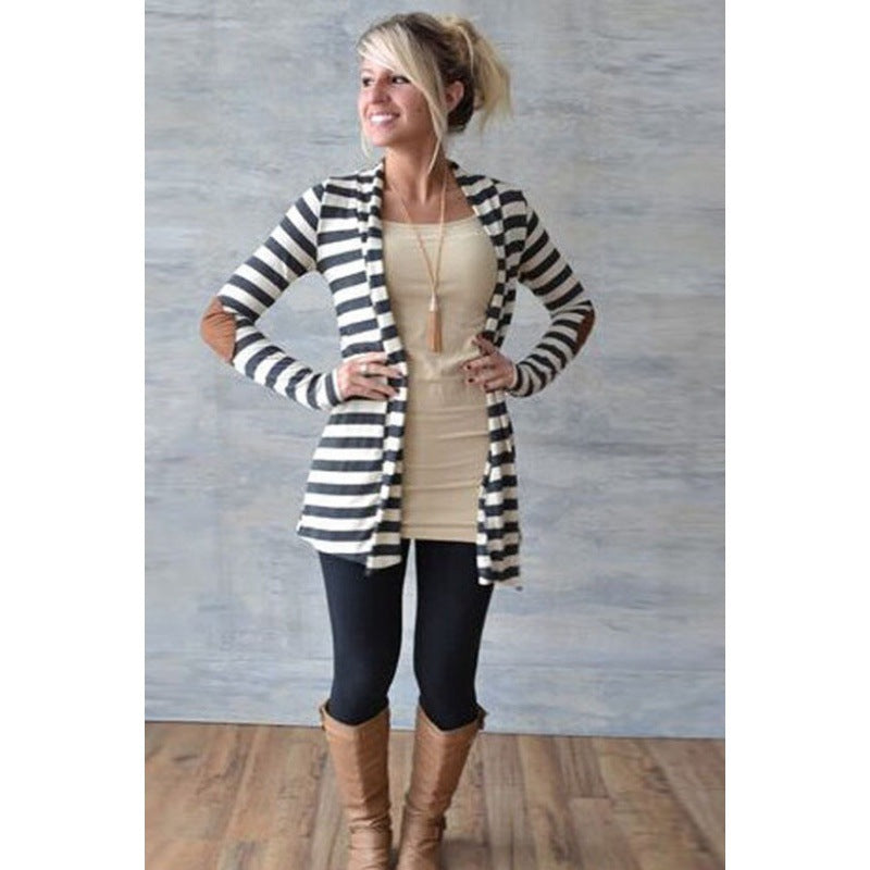 Damen Gestreifter Longcardigan mit offenem Waterfall-Schnitt und Ellbogen-Patches Shop Nory