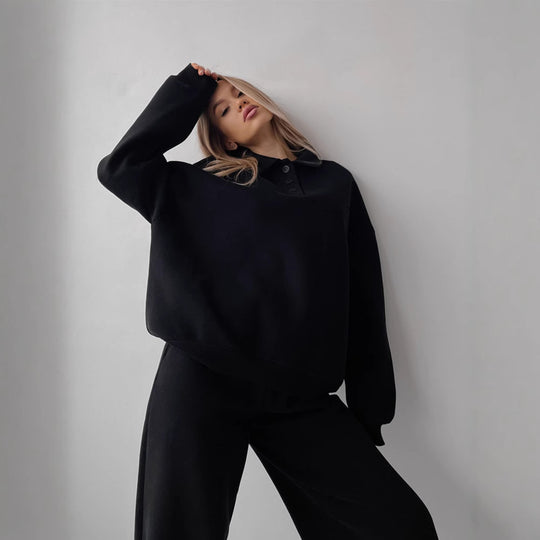 Damen Casual-Set aus schwerem French-Terry mit Polokragen-Cropped-Sweater und weitem High-Waist-Sweathose Shop Nory
