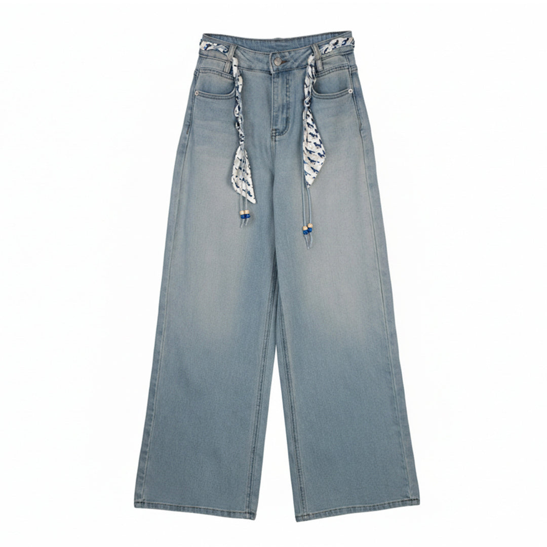 Damen Weite Jeanshose mit dekorativem Gürtel Shop Nory