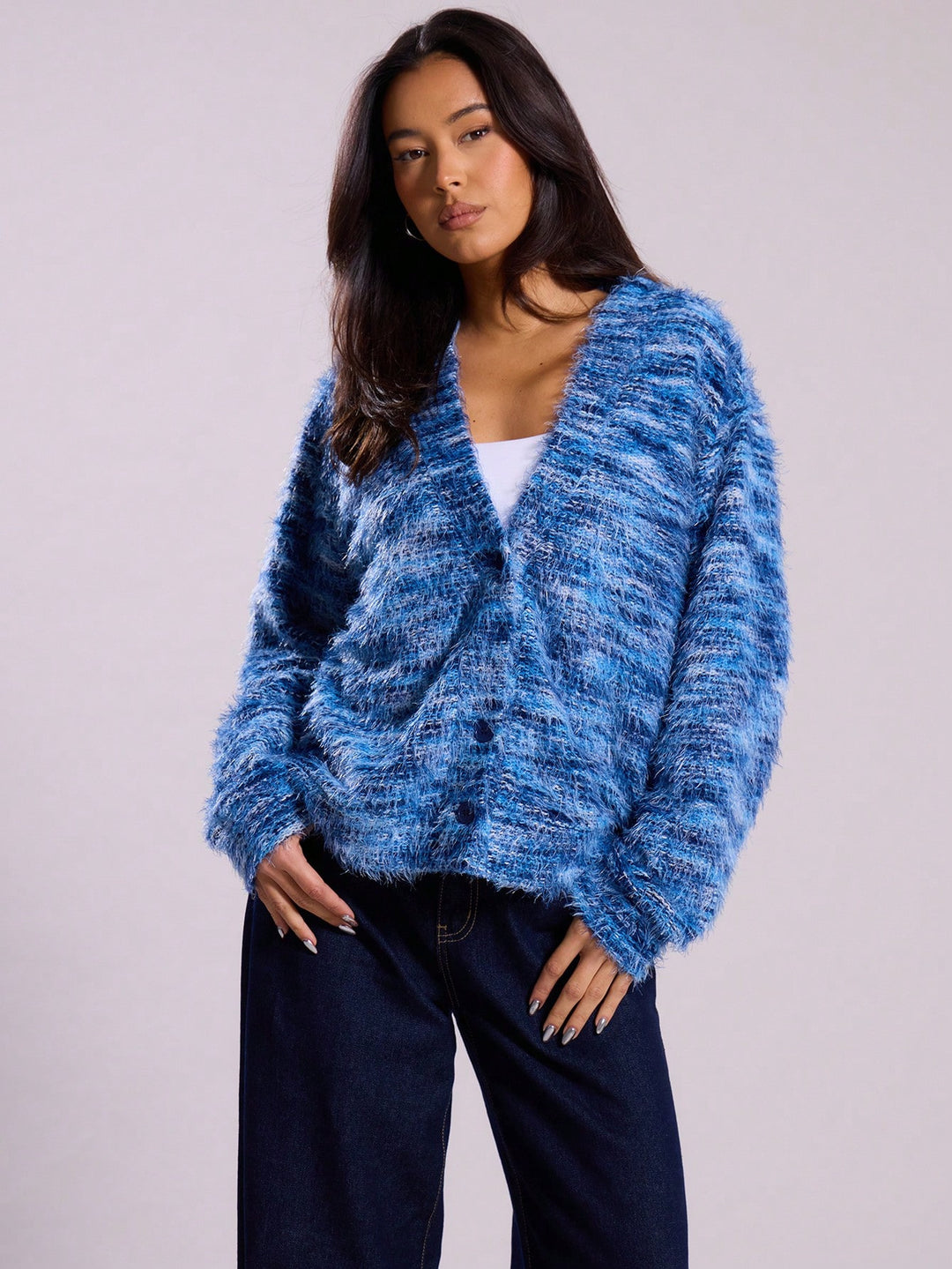 Damen Oversize-Flauschpullover mit weitem Carmen‑Ausschnitt und melierter Strickstruktur Shop Nory