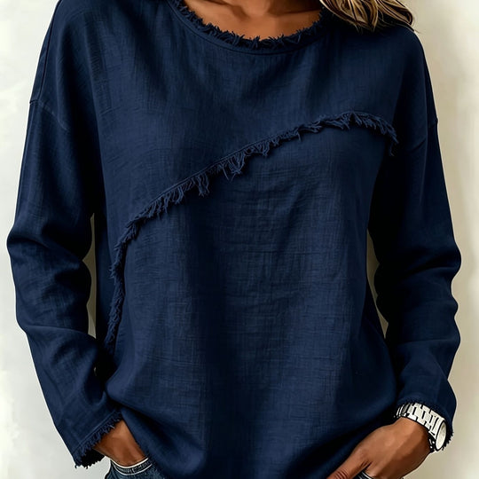 Damen Legeres Longsleeve mit diagonaler Fransenapplikation und ausgefranstem Rundhals Shop Nory