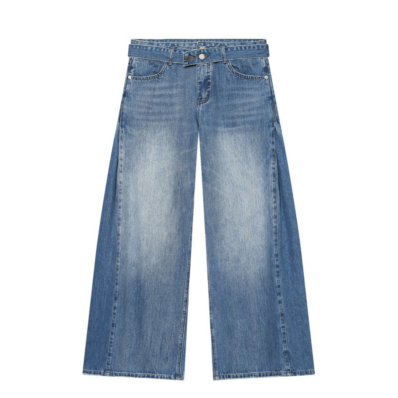 Damen Weite Denim-Hose mit seitlichen Falteneinsätzen, High‑Waist und Taillengürtel Shop Nory
