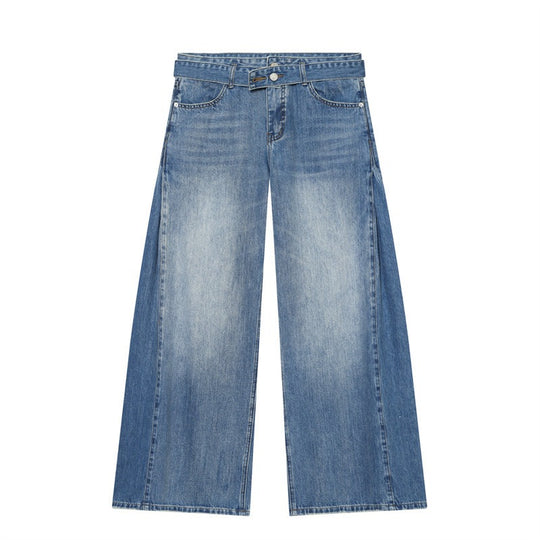 Damen Weite Denim-Hose mit seitlichen Falteneinsätzen, High‑Waist und Taillengürtel Shop Nory