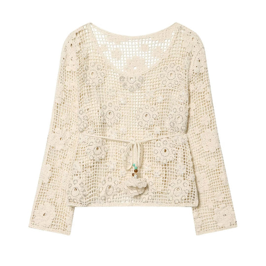Damen Häkelpullover mit Blumen-Applikationen und Tunnelzug Shop Nory