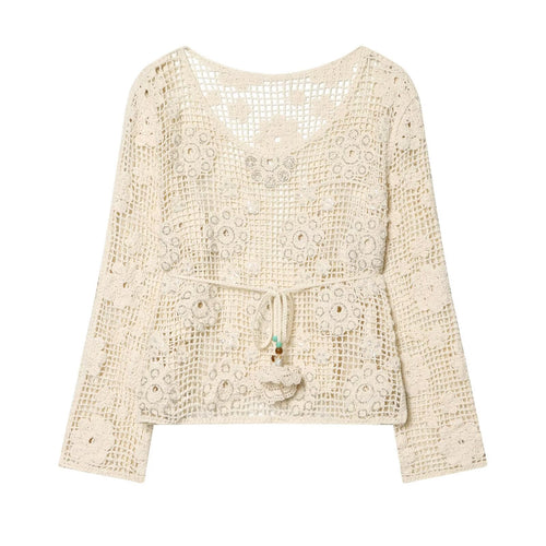 Damen Häkelpullover mit Blumen-Applikationen und Tunnelzug Shop Nory