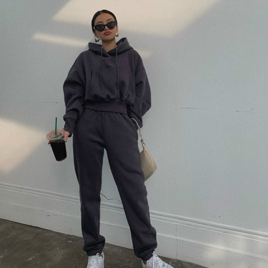 Damen lässiges Oversize-Kapuzen-Sweatset mit Cropped-Hoodie und Highwaist-Jogginghose Shop Nory
