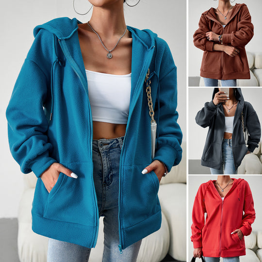 Damen nan kuscheliger Teddy-Fleece Zip-Hoodie mit Kapuze, tiefer Schulterpassform und Kängurutaschen Shop Nory