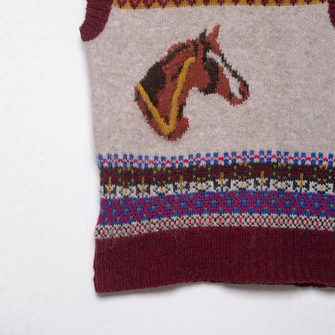 Damen Strickweste mit Norweger‑Muster, V‑Ausschnitt und Pferdeintarsien Shop Nory
