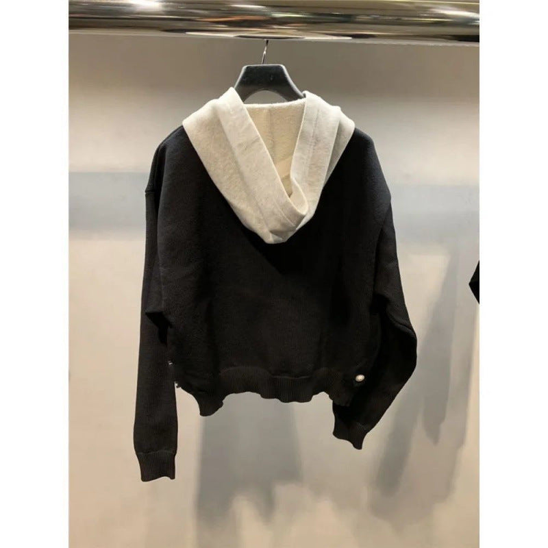 Unisex Grobgestricktes Lagenlook-Sweatshirt mit Kontrastkapuze und Kängurutasche Shop Nory