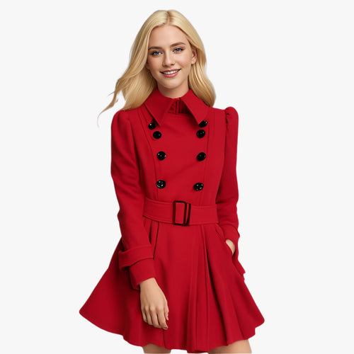 Damen nan taillierter Doppelreiher-Mantel mit ausgestelltem Rock, taillierendem Gürtel und strukturierten Schultern Shop Nory