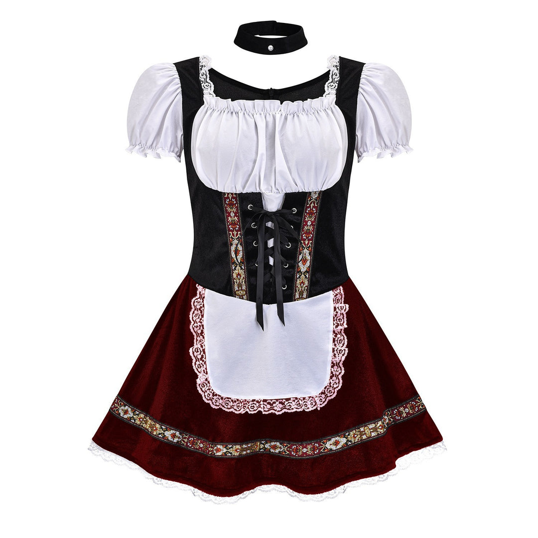 Damen nan kurzes Trachtenkleid im Dirndlstil mit Schnürung, schulterfreiem Carmen-Ausschnitt und Zierschürze Shop Nory