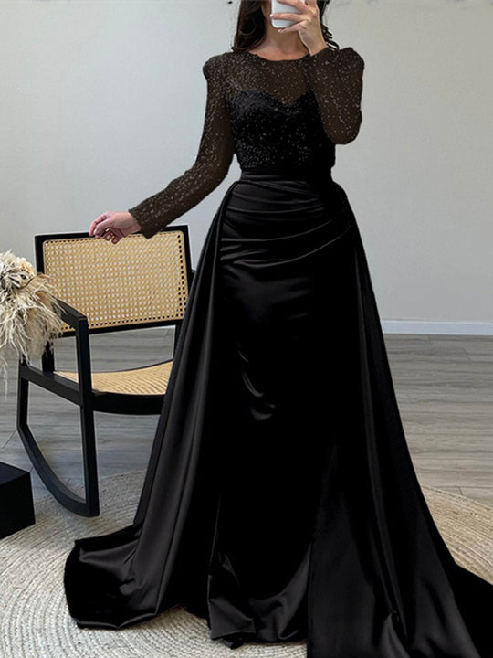 Damen Abendkleid mit funkelndem Paillettenoberteil und elegantem Satinrock