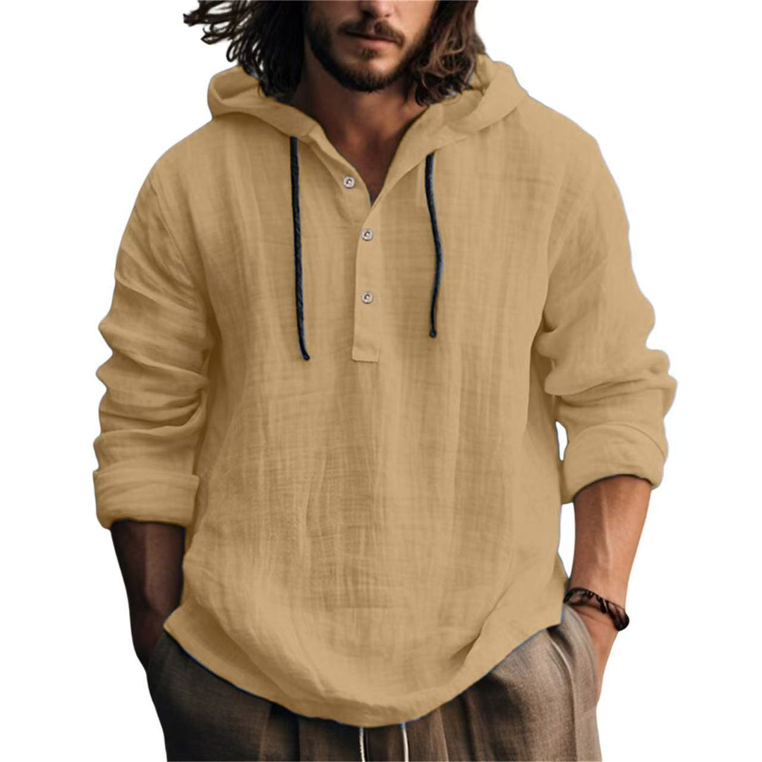 Herren Leichtes Kapuzenhemd im Leinenlook mit Henley-Knopfleiste Shop Nory
